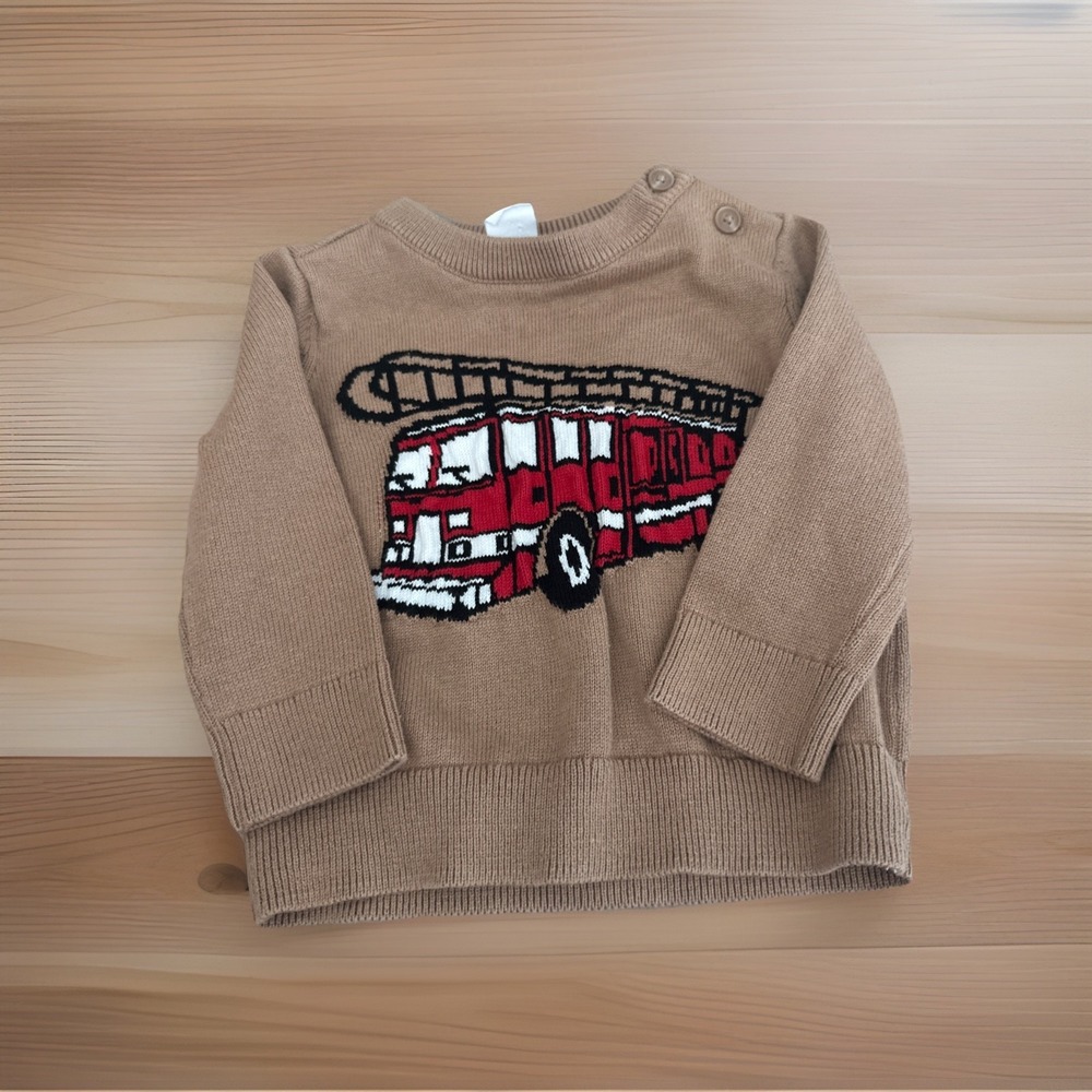 Baby GAP VTG Fire Truck Knit Sweater Fire Engine Tan Toddler 6-12 M